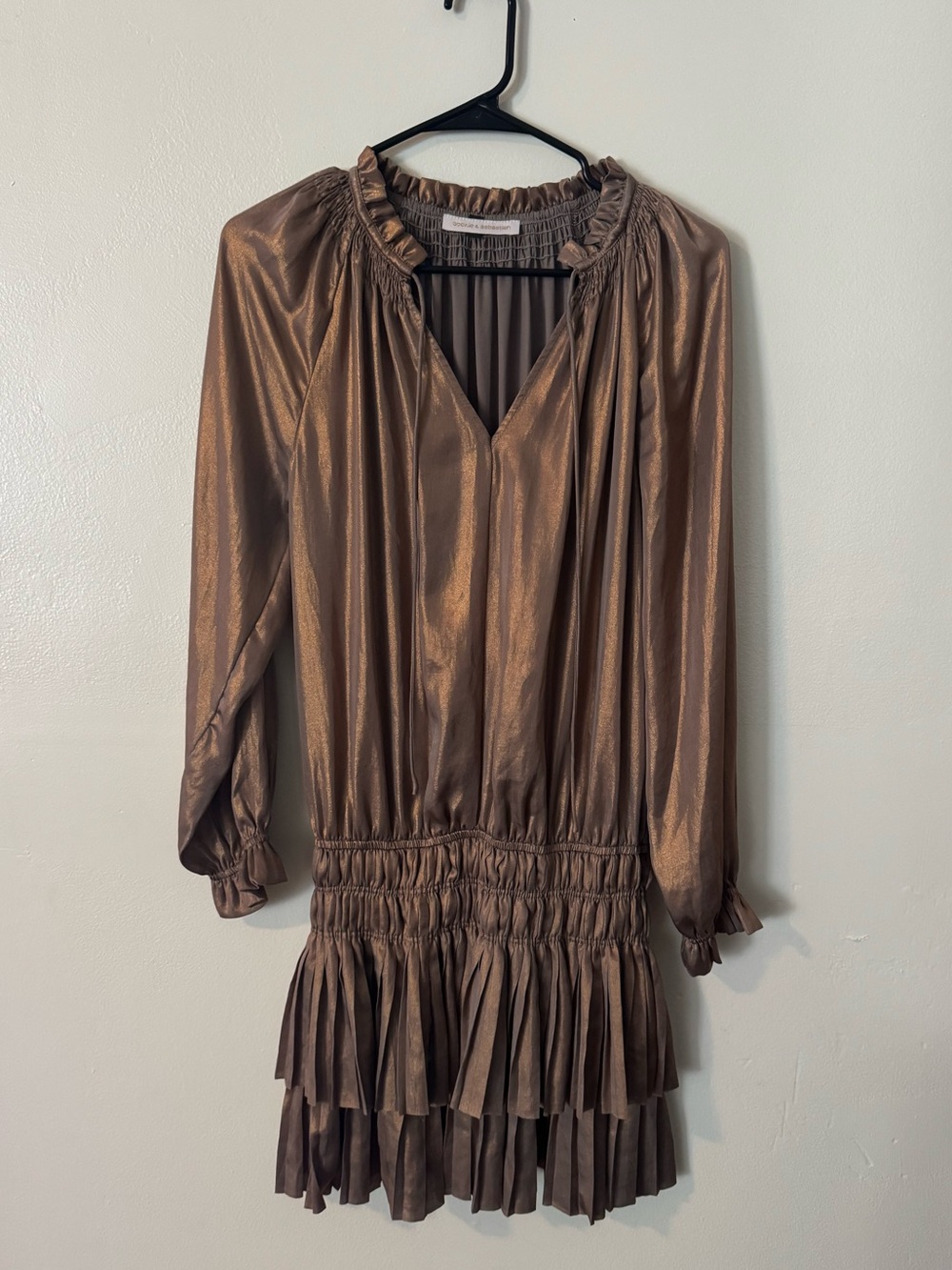 Pookie & Sebastian Bronze Satin Dress | Metallic Smocked Long Sleeve